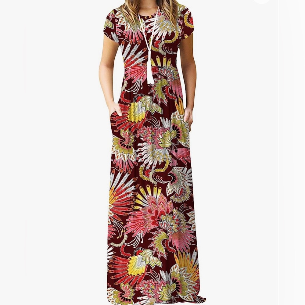 Dearcase 3 Feather Red Maxi Dress with Pockets, Size Small